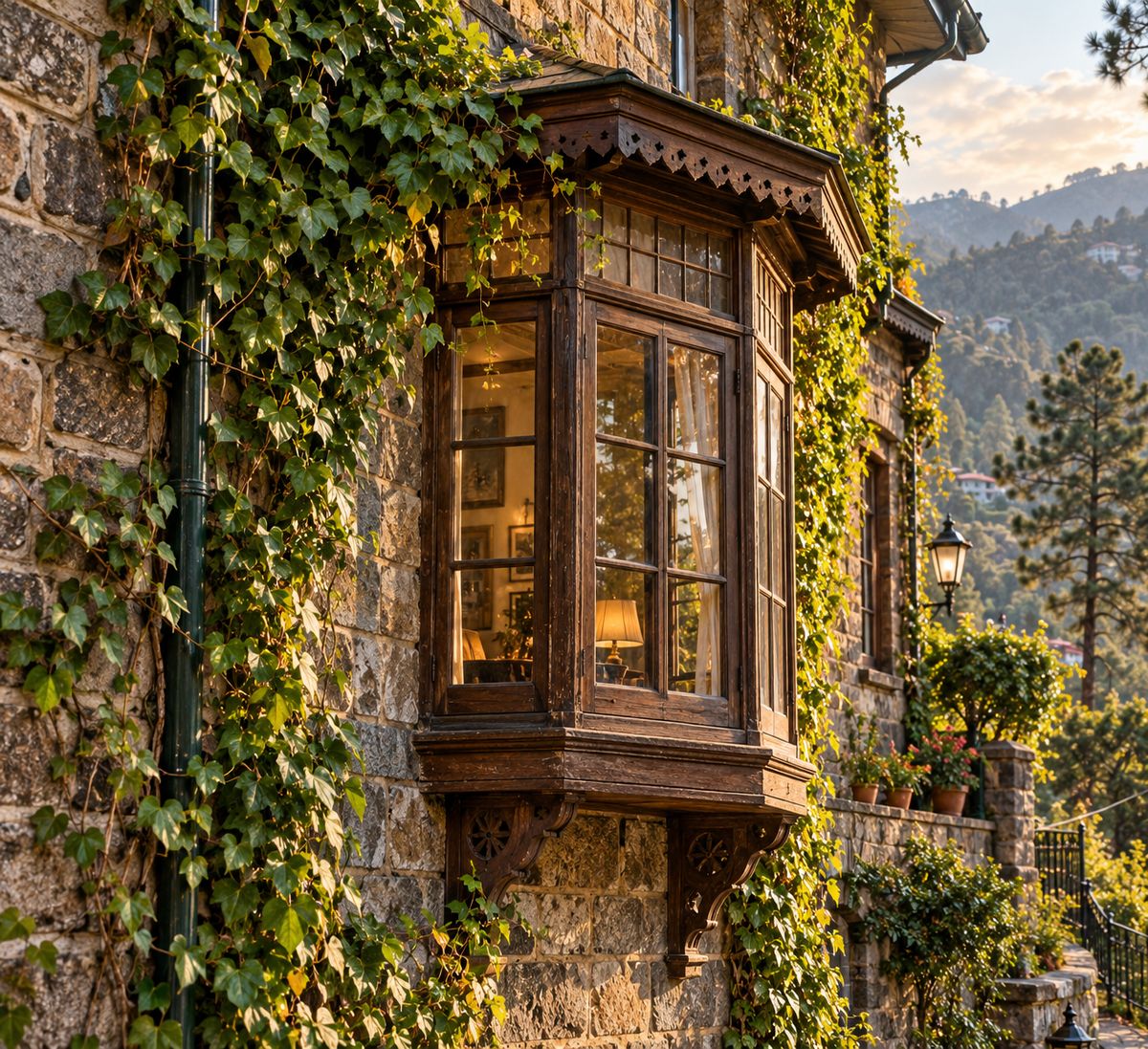 Colonial stone wall and vintage wooden window